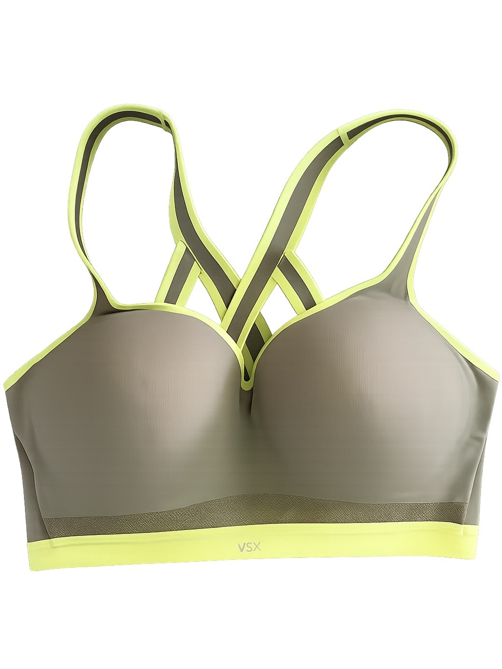 VSX Taupe Sports Bra with Neon Yellow Trim - Crisscross Back
